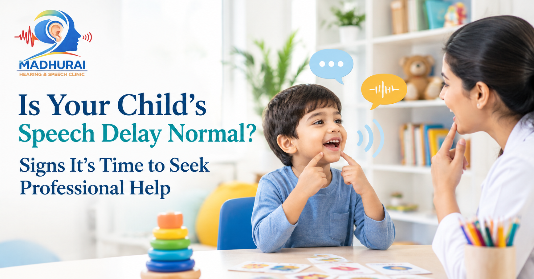 Child practicing speech with a therapist during a speech and language assessment for possible speech delay.