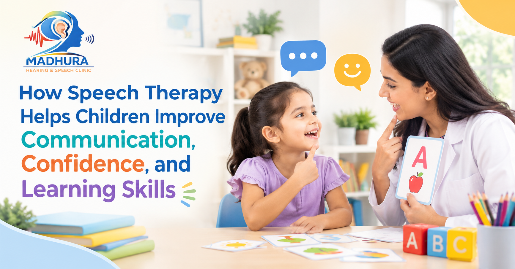 Speech therapy session showing a child practising communication and language skills with a therapist using educational activities.